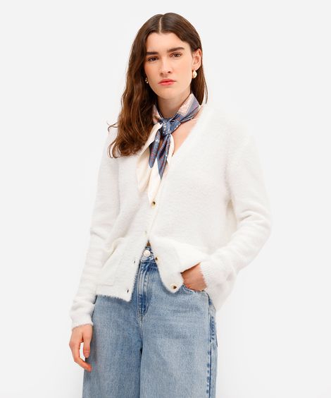 cardigan feminino de tricot com bolsos texturizado off white