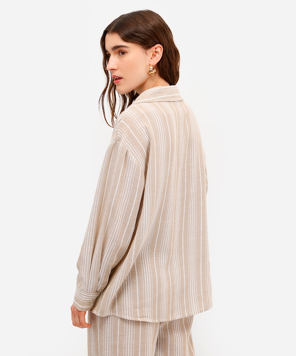 camisa feminina manga longa listrada bege