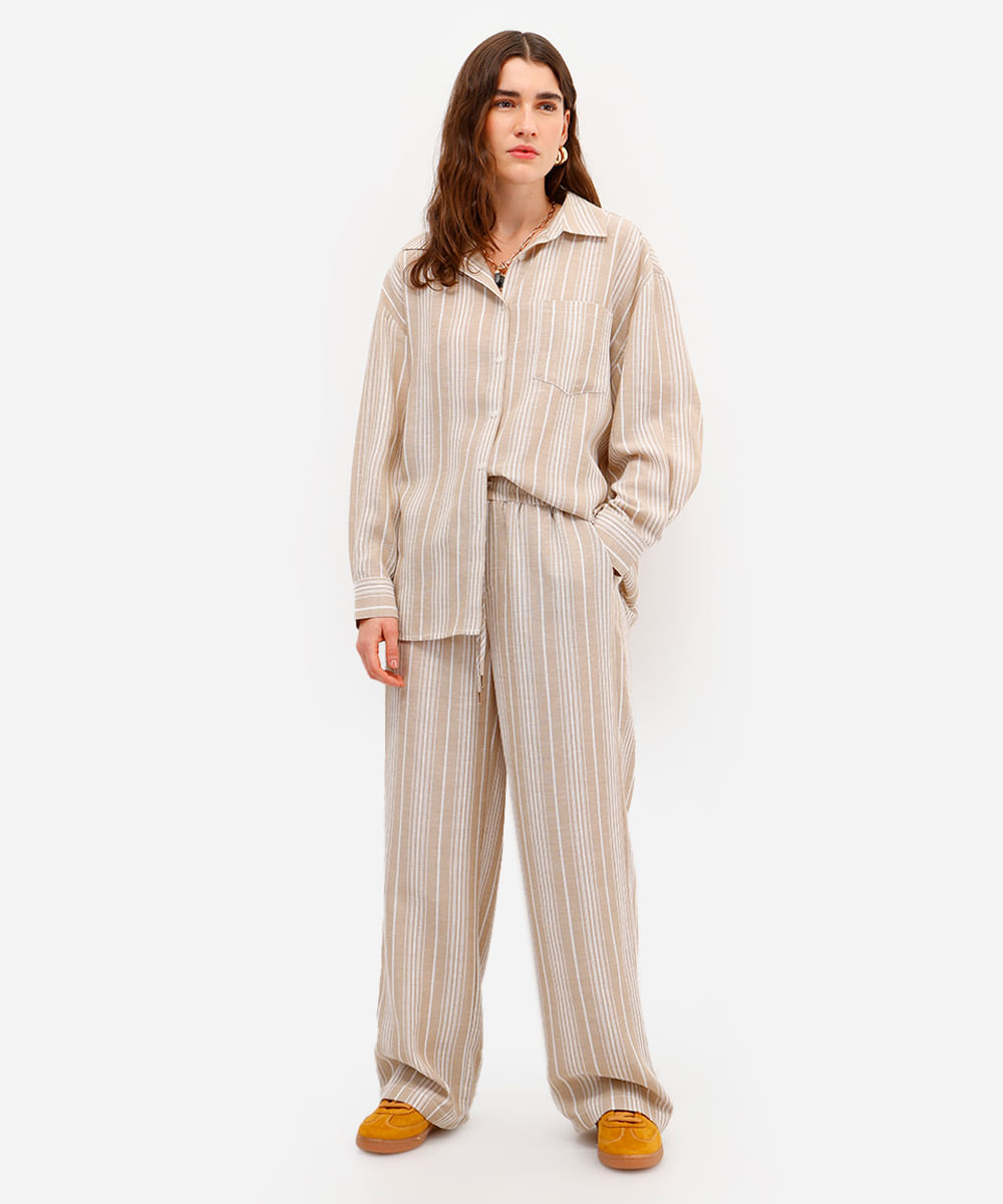 camisa feminina manga longa listrada bege