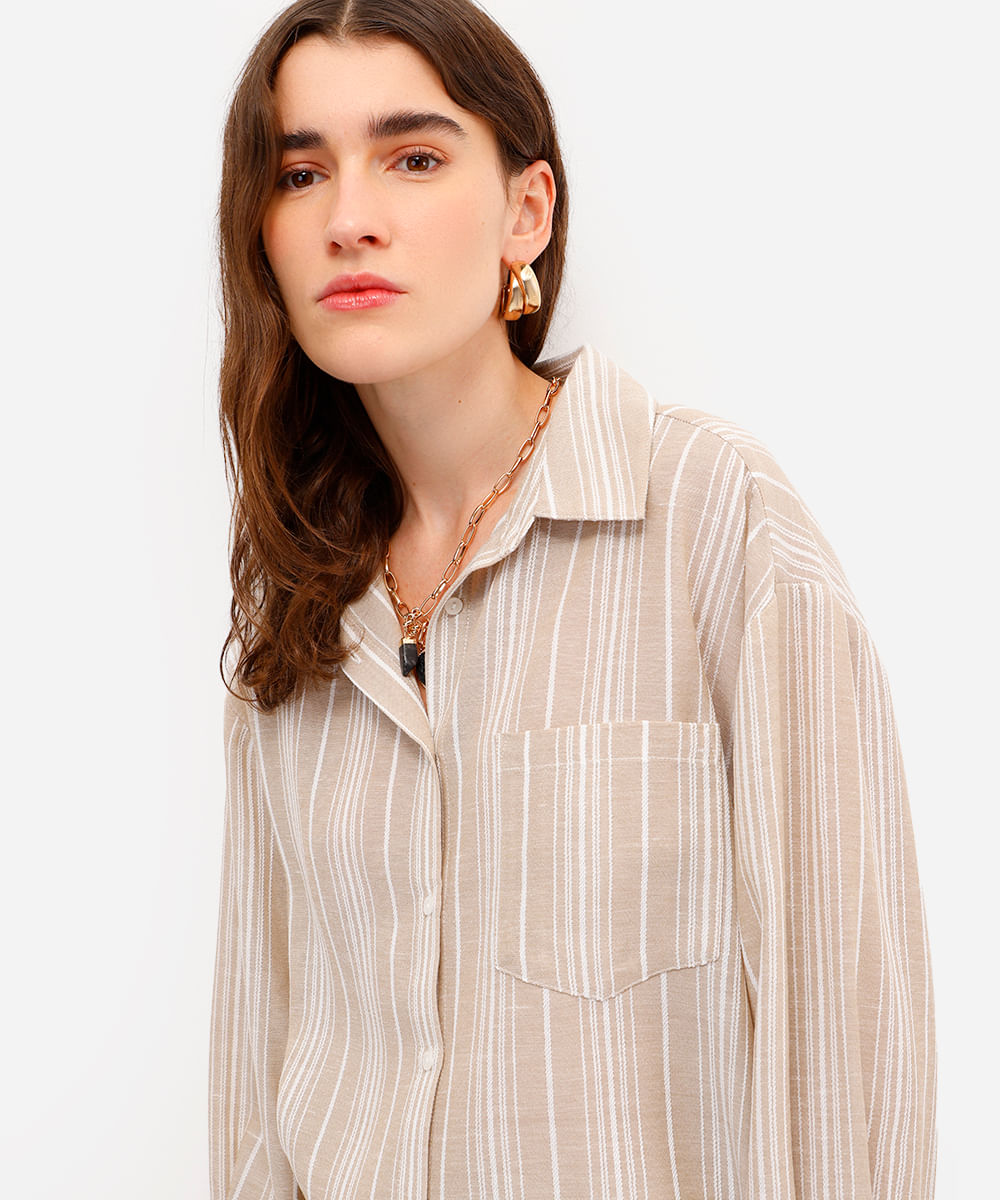 camisa feminina manga longa listrada bege