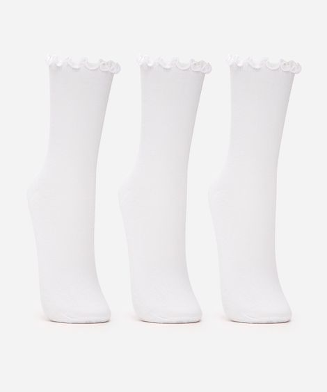 kit 3 meias cano alto frufru branco