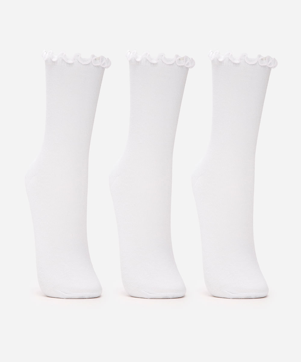 kit 3 meias cano alto frufru branco