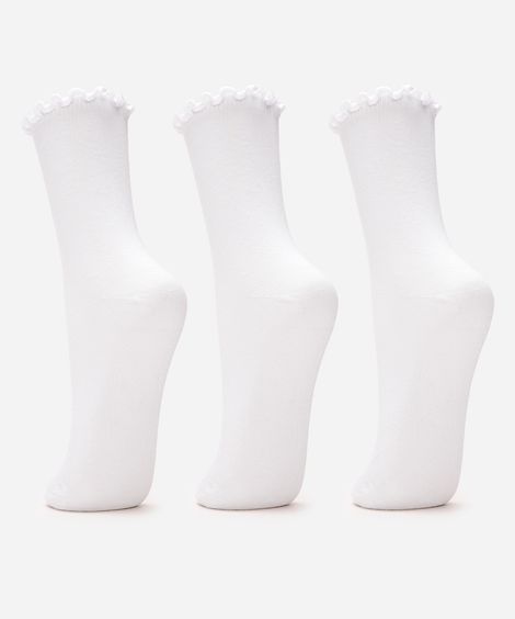 kit 3 meias cano alto frufru branco
