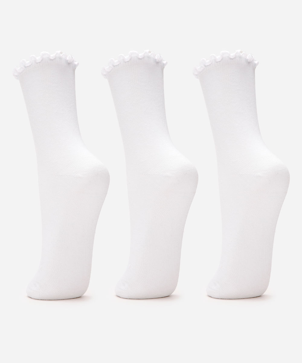 kit 3 meias cano alto frufru branco