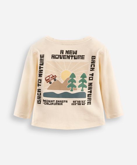 camiseta infantil de algodão manga longa estampada bege