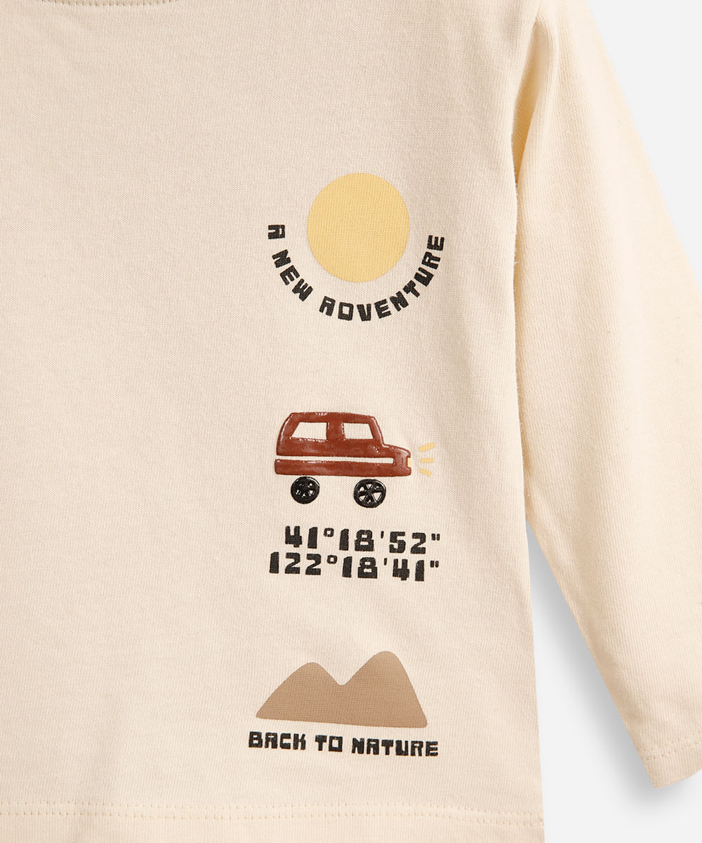 camiseta infantil de algodão manga longa estampada bege