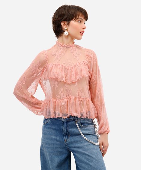 bata feminina de renda com babados floral rosa