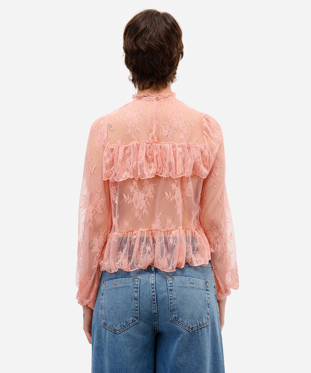 bata feminina de renda com babados floral rosa