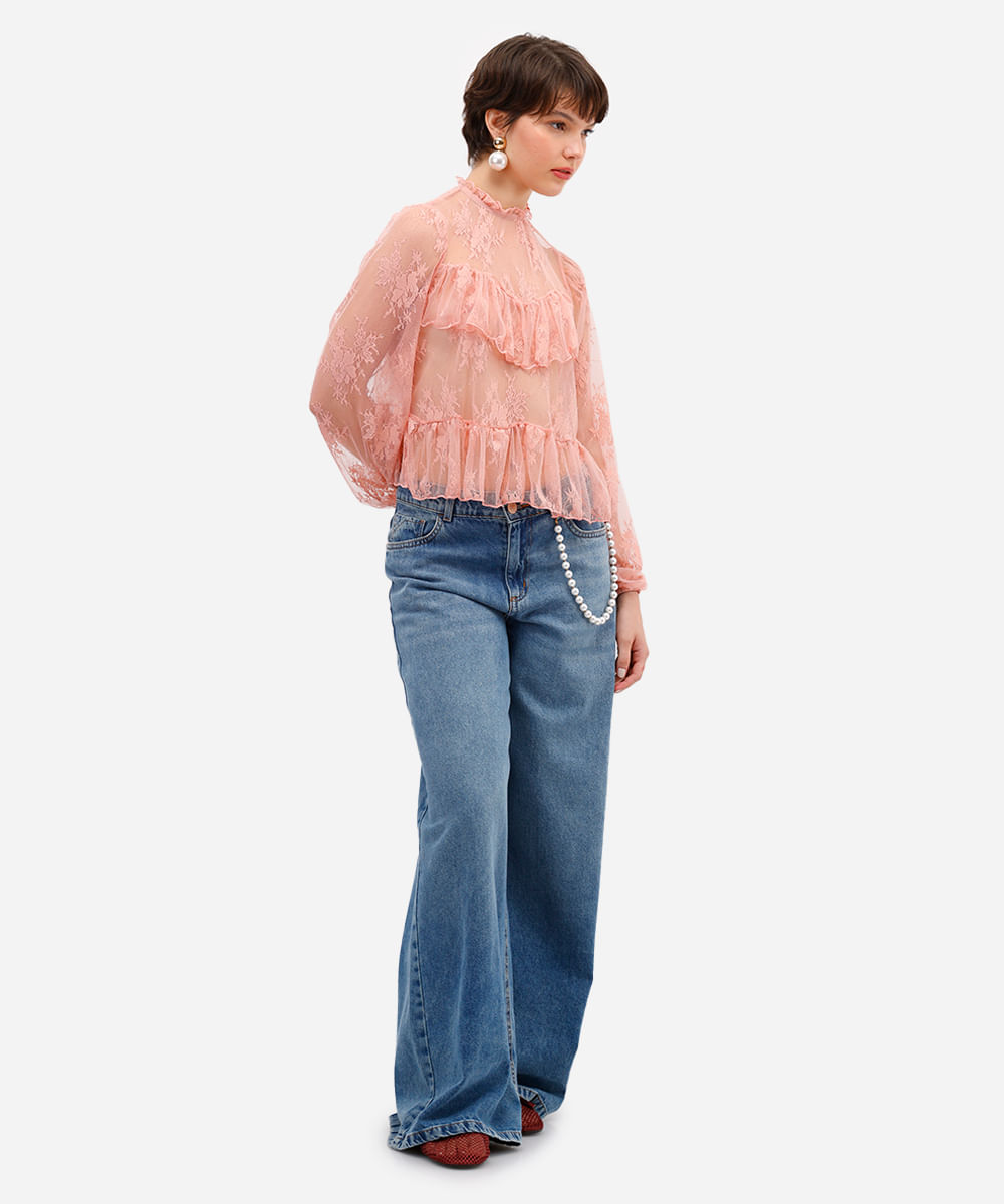 bata feminina de renda com babados floral rosa