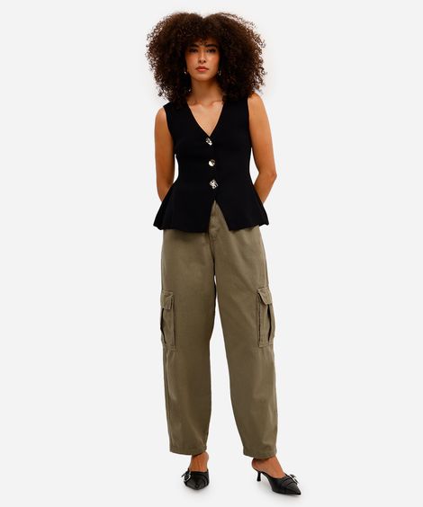 calça balloon feminina de sarja com bolsos cargo verde
