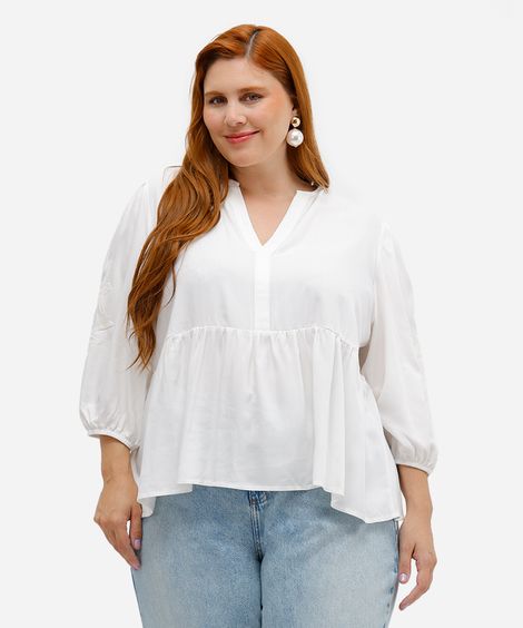 bata feminina de viscose  bordado floral plus size off white