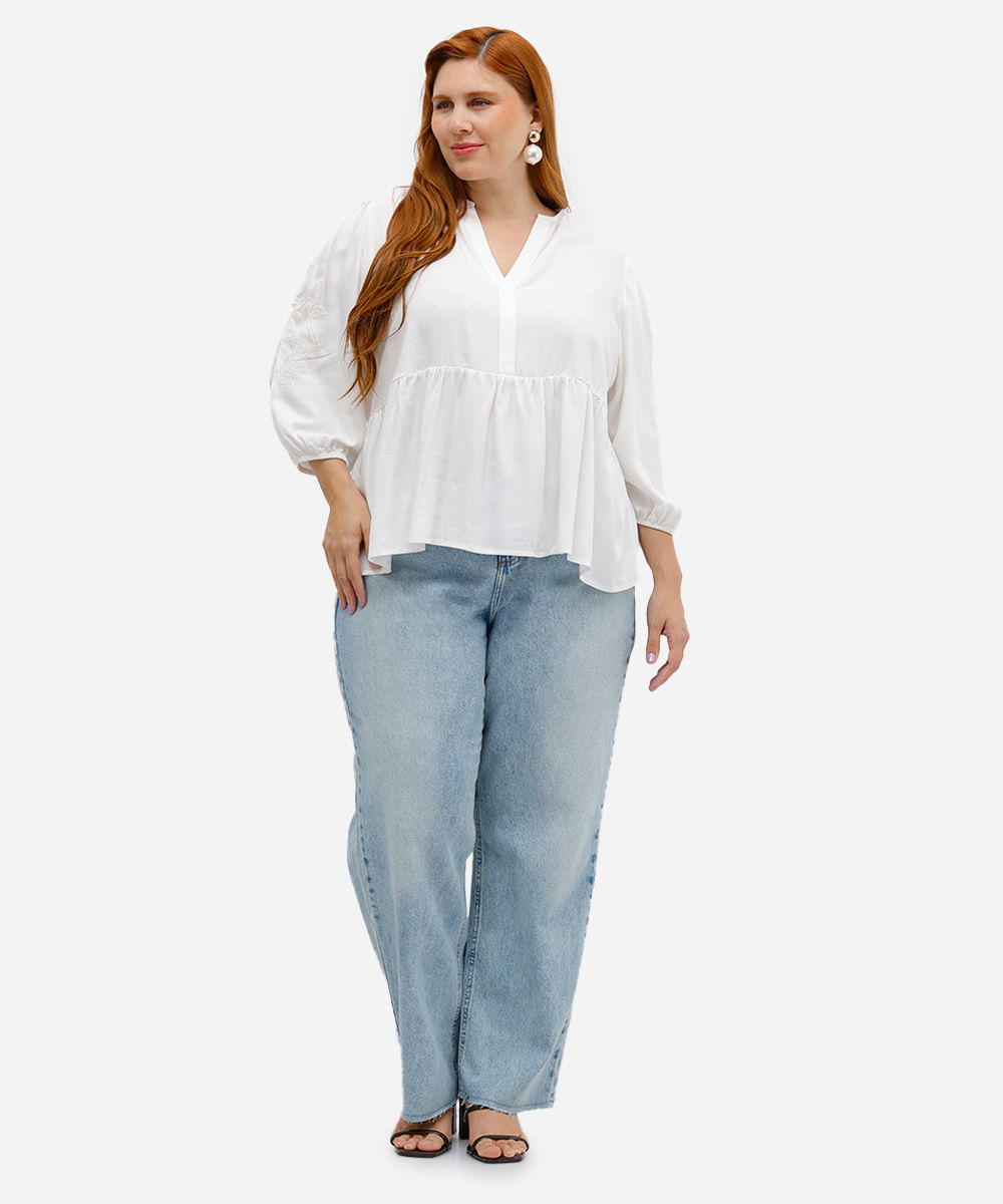 bata feminina de viscose  bordado floral plus size off white
