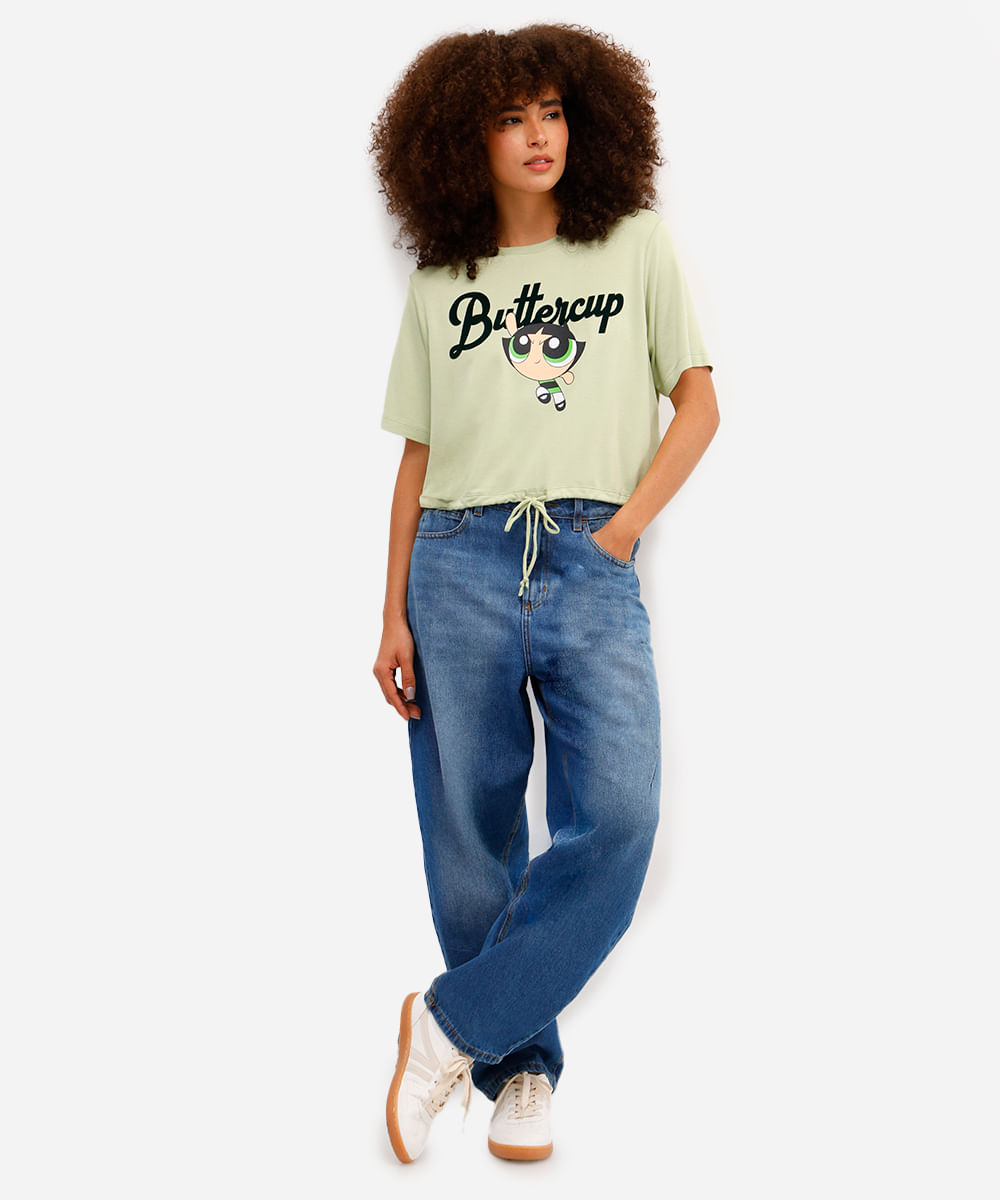 camiseta feminina de viscose meninas super poderosas com amarração verde