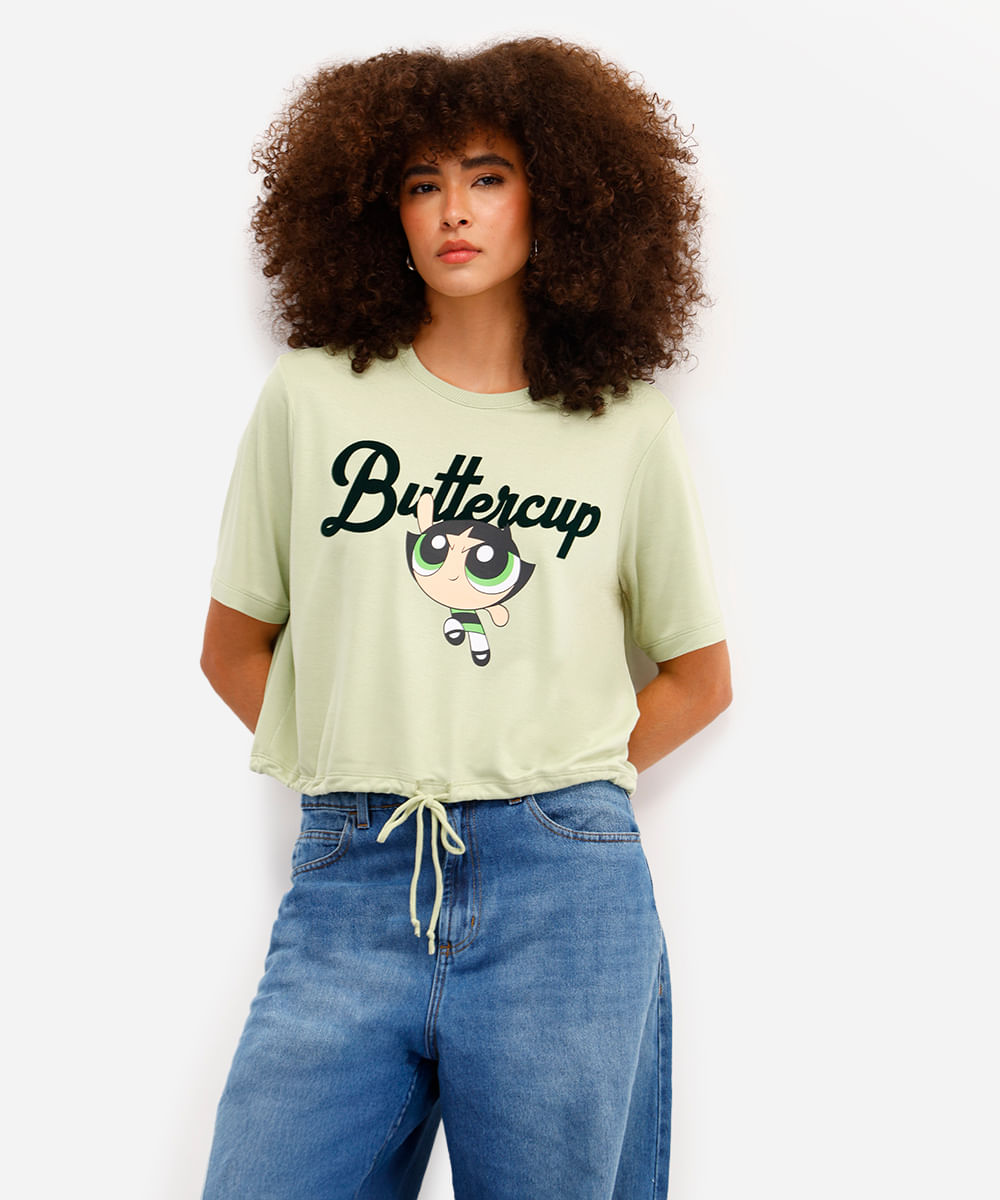 camiseta feminina de viscose meninas super poderosas com amarração verde