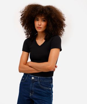 blusa baby look feminina básica decote v - preto