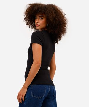 blusa baby look feminina básica decote v - preto