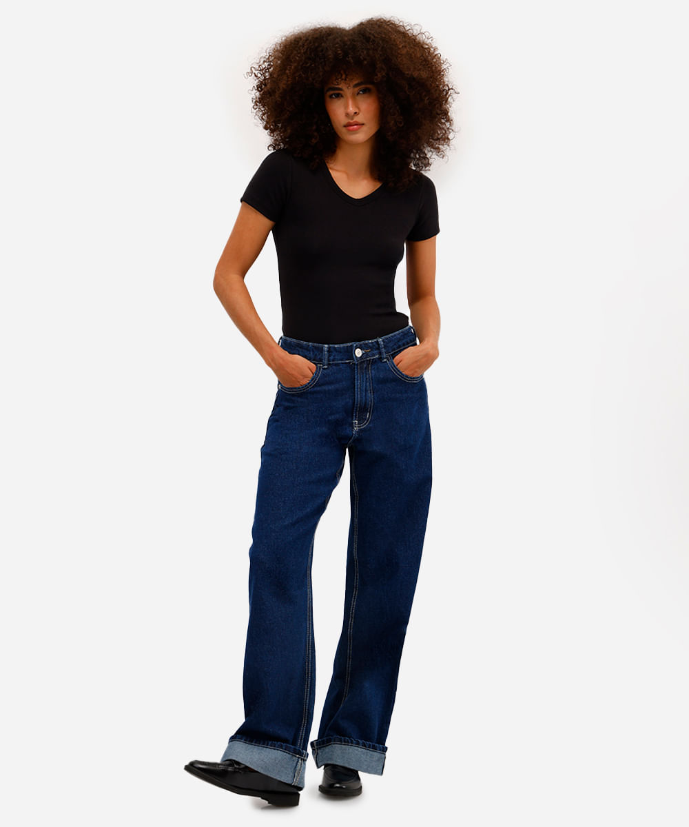 blusa baby look feminina básica decote v - preto