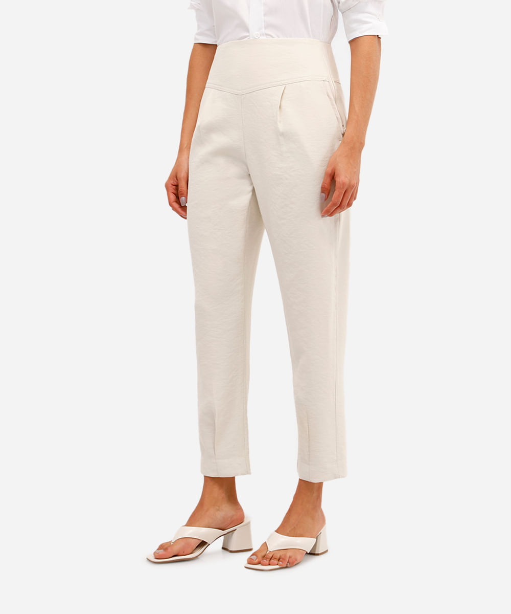 calça feminina de viscose com pregas bege