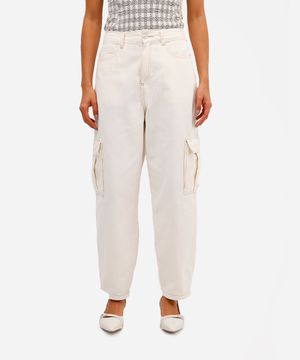 calça balloon feminina de sarja com bolsos cargo off white