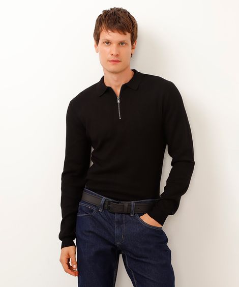 polo de tricot com zíper manga longa preta