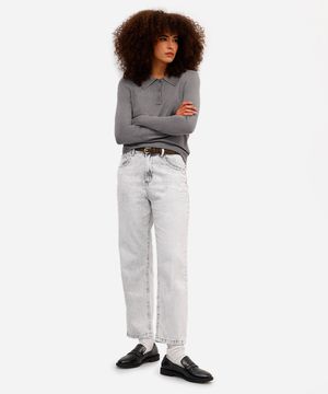 calça reta feminina jeans cintura alta cinza