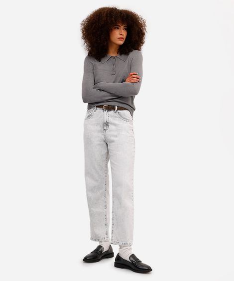 calça reta feminina jeans cintura alta cinza