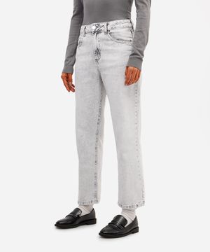 calça reta feminina jeans cintura alta cinza
