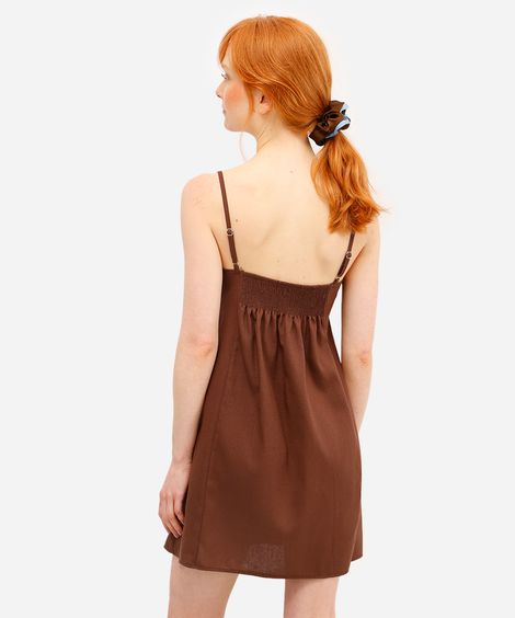 Vestido curto feminino alça fina com linho floral marrom