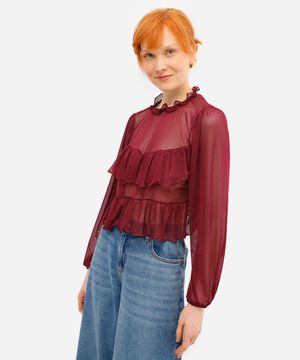 bata feminina de tule manga bufante com babados vinho