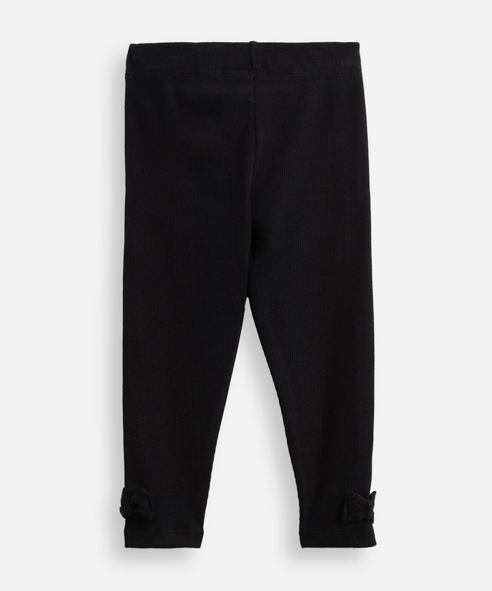 calça legging infantil de algodão com laços canelada preta