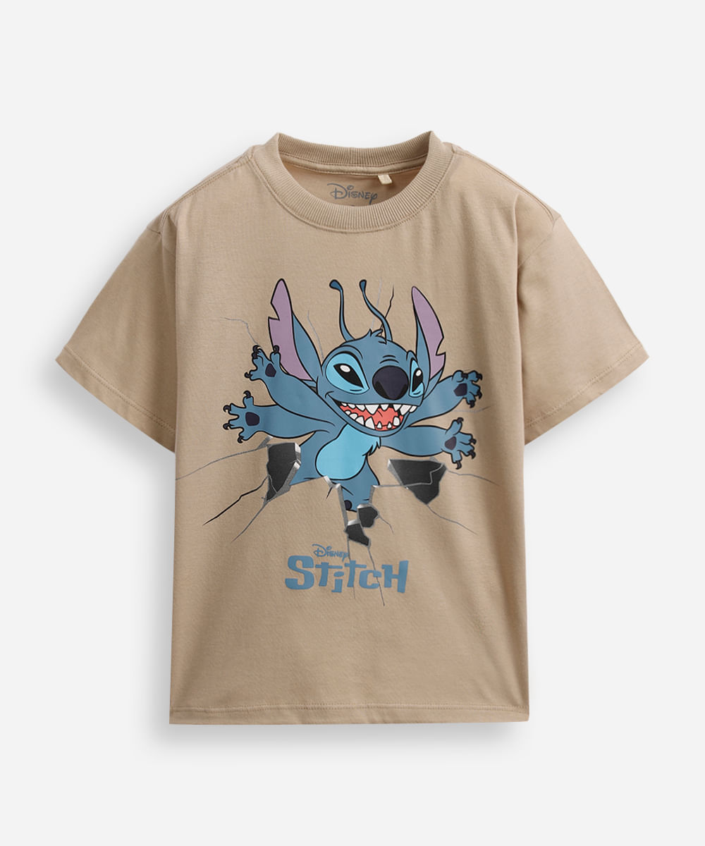 camiseta infantil de algodão stitch bege