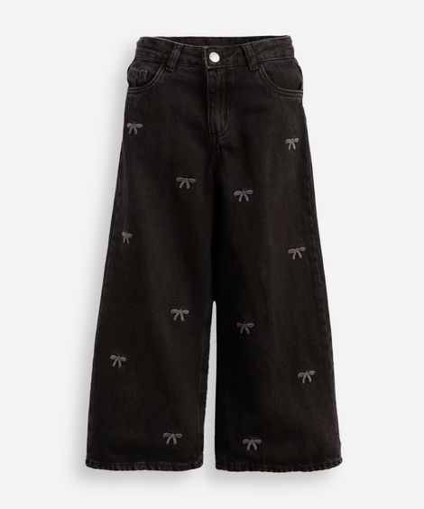 calça wide leg infantil jeans bordado laços preta