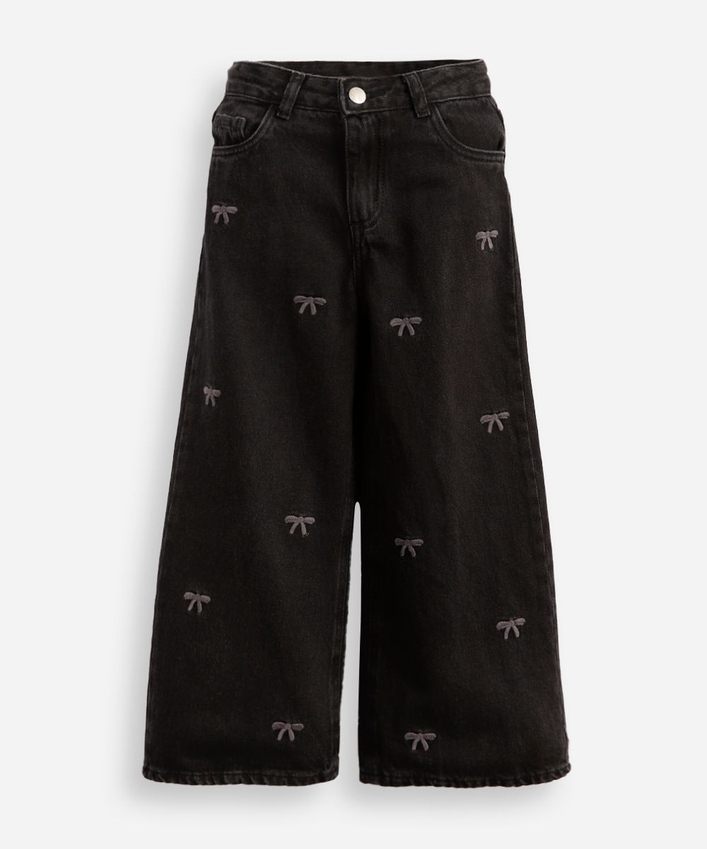 calça wide leg infantil jeans bordado laços preta