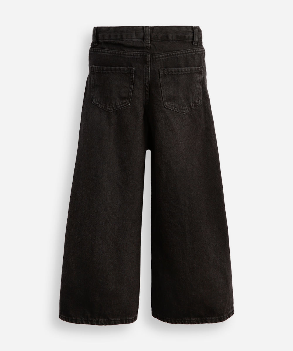 calça wide leg infantil jeans bordado laços preta