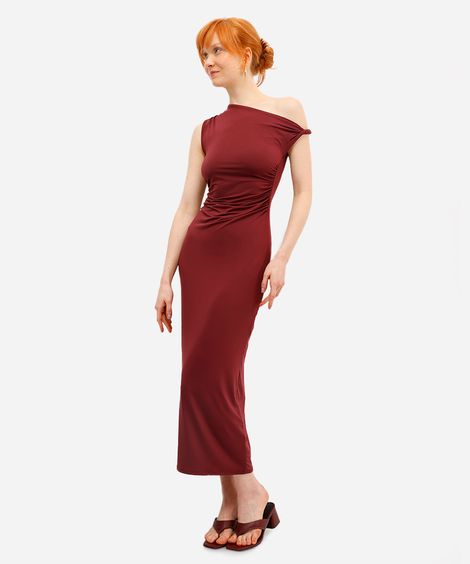 vestido midi feminino franzido vinho