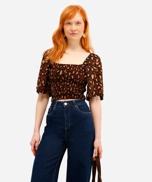blusa feminina de viscose com lastex animal print marrom