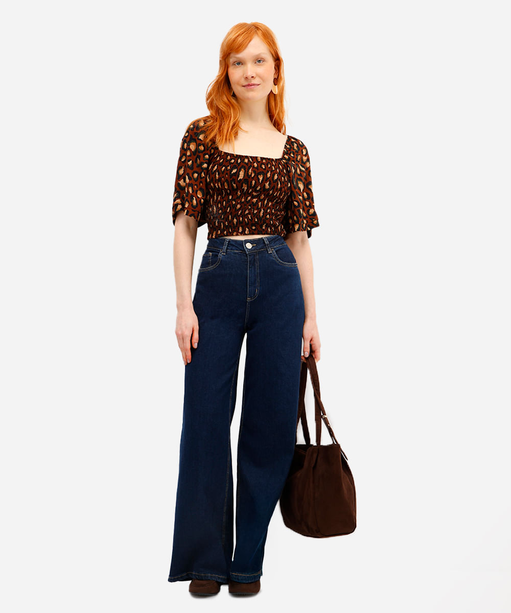 blusa feminina de viscose com lastex animal print marrom