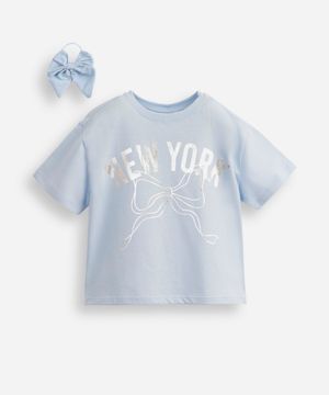 camiseta infantil de algodão estampa metalizada com laço azul