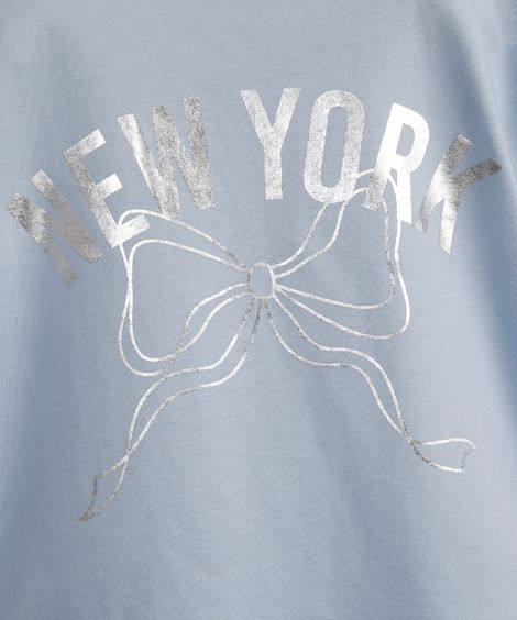 camiseta infantil de algodão estampa metalizada com laço azul