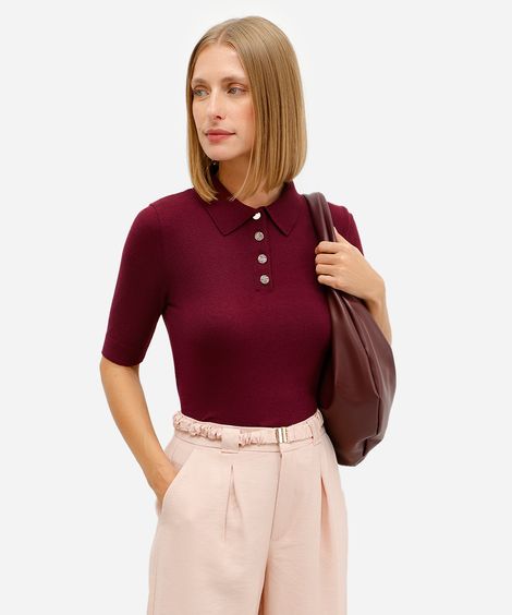 polo feminina de tricot manga curta vinho