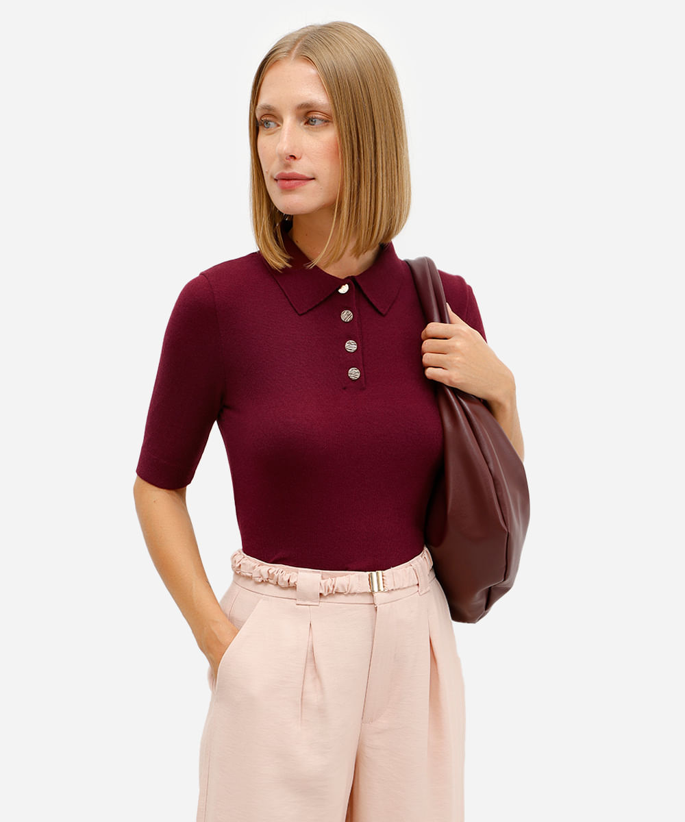 polo feminina de tricot manga curta vinho