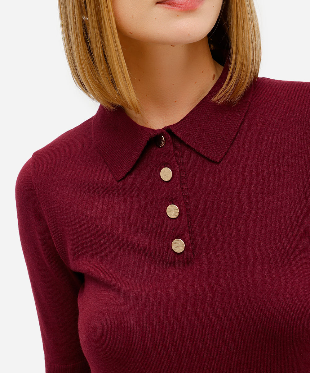 polo feminina de tricot manga curta vinho