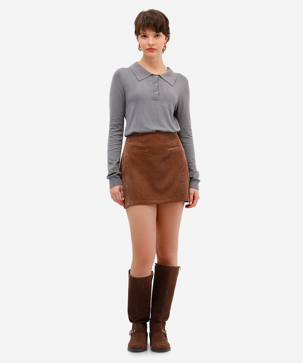 saia curta feminina de veludo cotelê marrom