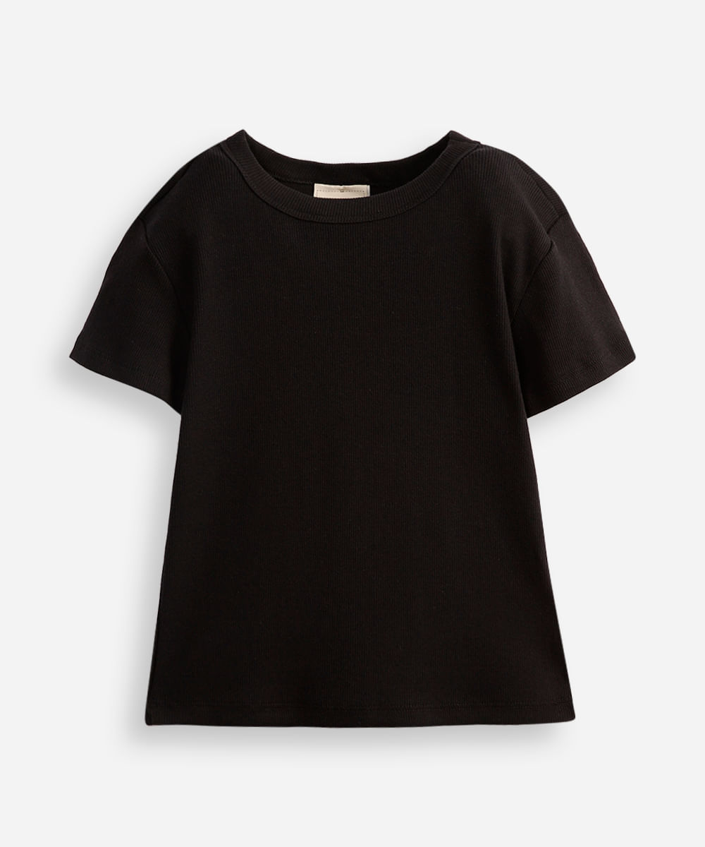 camiseta baby look juvenil de algodão canelada preta