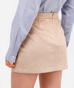 minissaia feminina de suede com recortes bege
