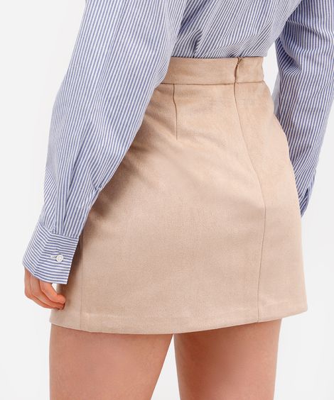 minissaia feminina de suede com recortes bege
