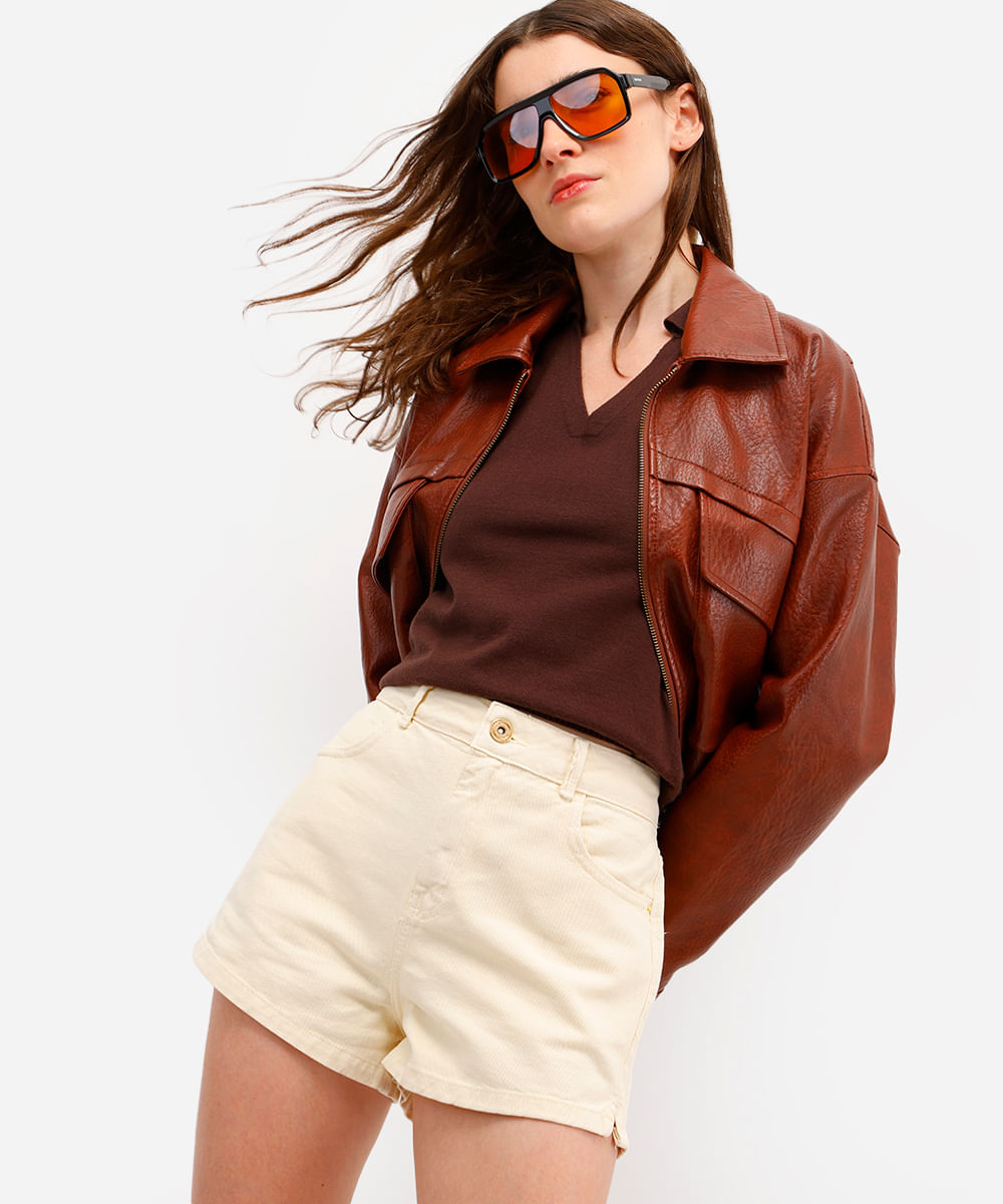 short feminino sarja com fendas amarelo