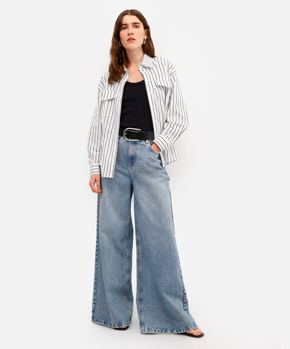 camisa feminina de algodão listrada off white