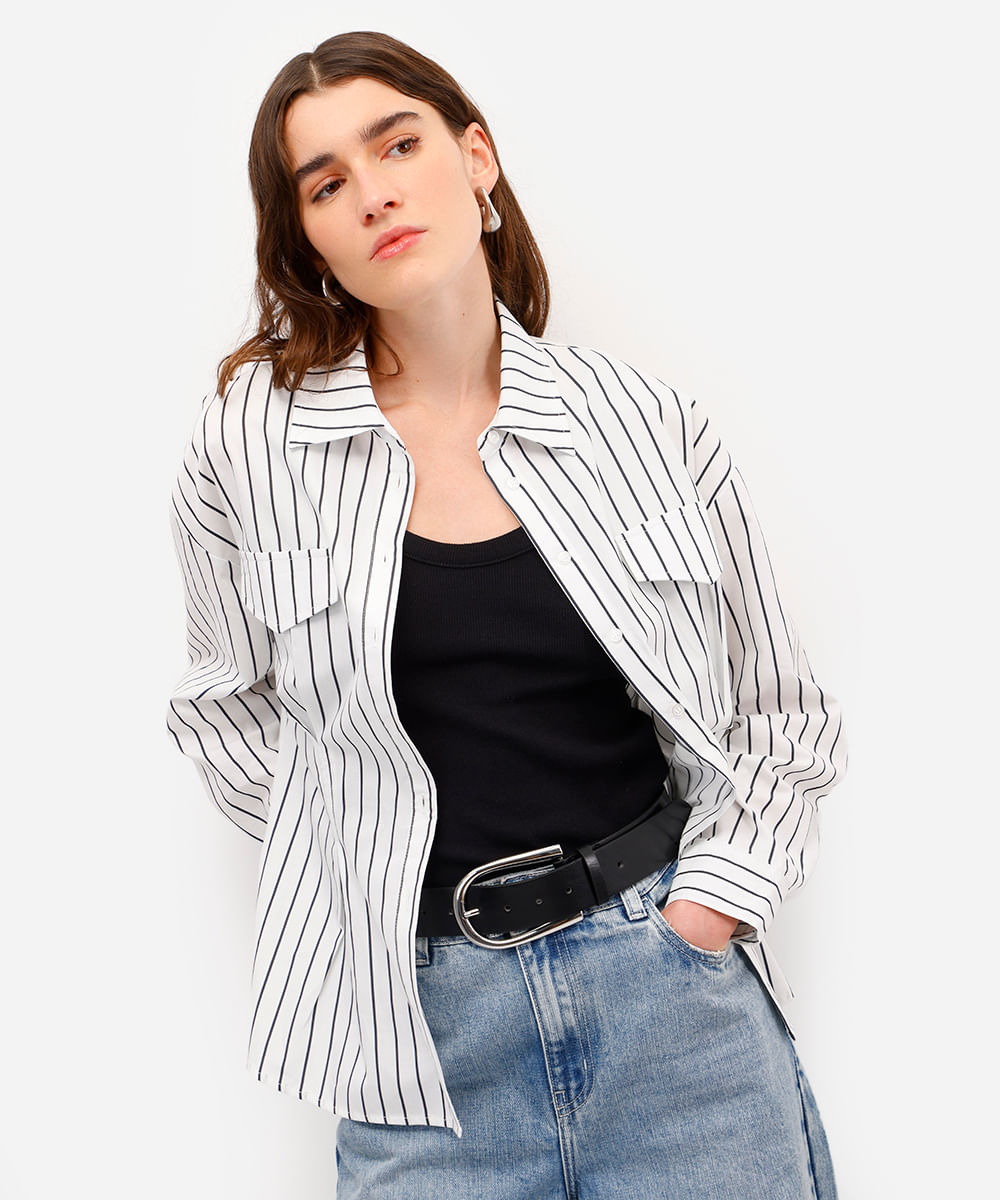 camisa feminina de algodão listrada off white