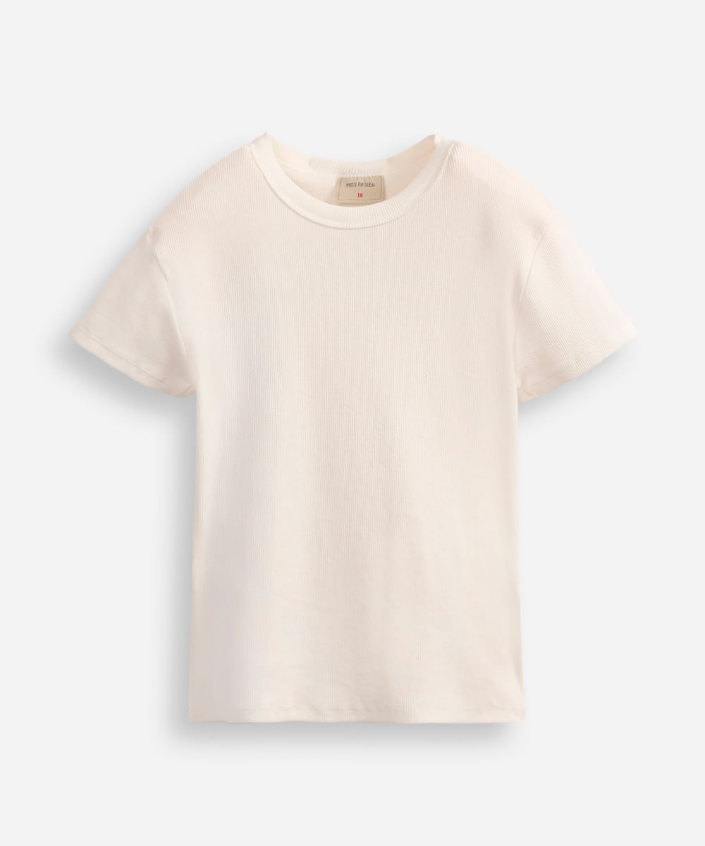 camiseta baby look juvenil de algodão canelada off white